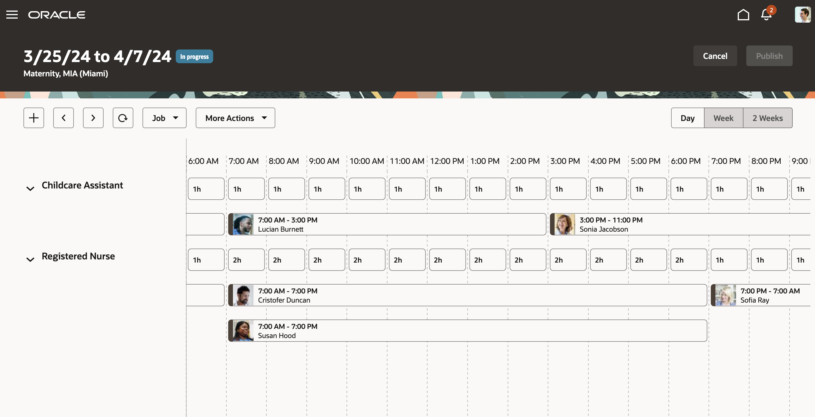 Workforce Schedule Page with Shifts Organized by Job, for the Day
