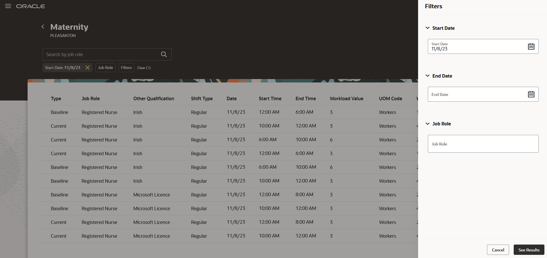 Example Read-Only Workload Management Page Showing the Filters Panel Drawer