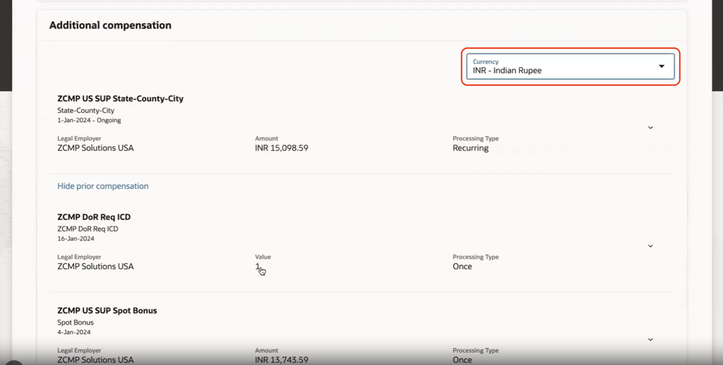 Switcher in the Individual Compensation Section of the Compensation Info Page