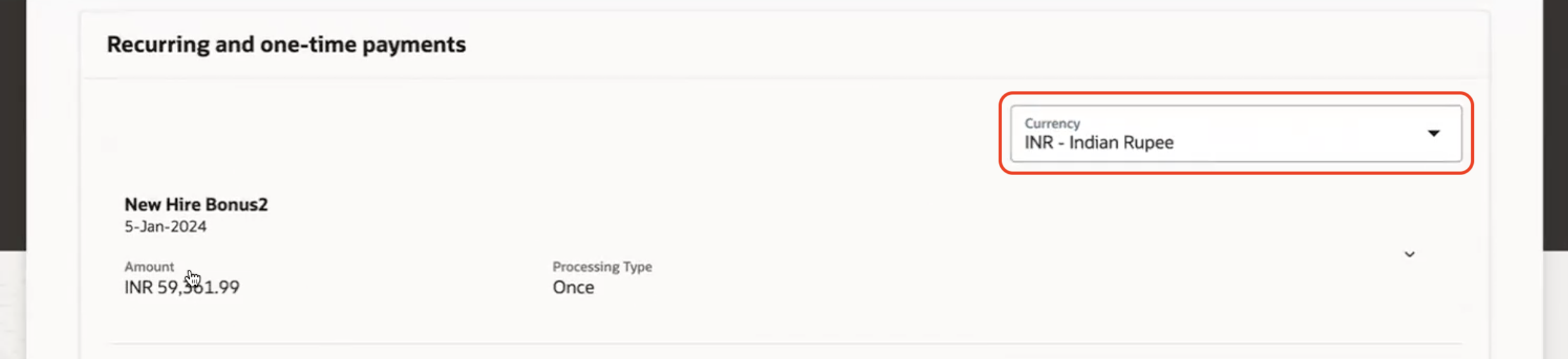 Switcher in the Recurring and One-time Payments Section of the Compensation Info Page