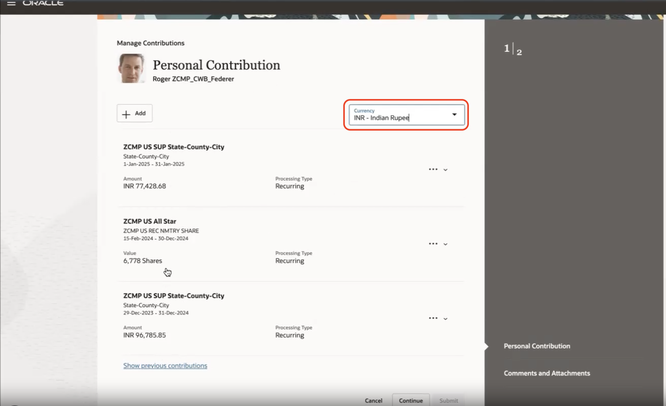 Switcher on the Personal Contribution Page