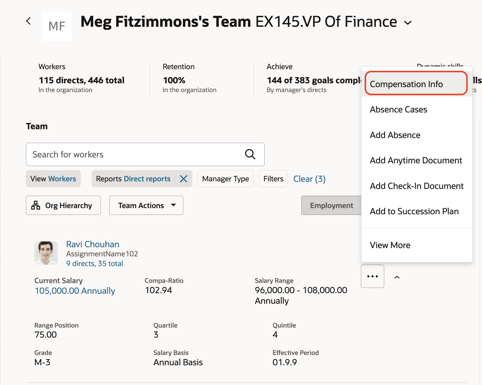 Redwood Team Compensation Page, More Actions Menu Showing the Pinned Action Ahead of the Other Actions