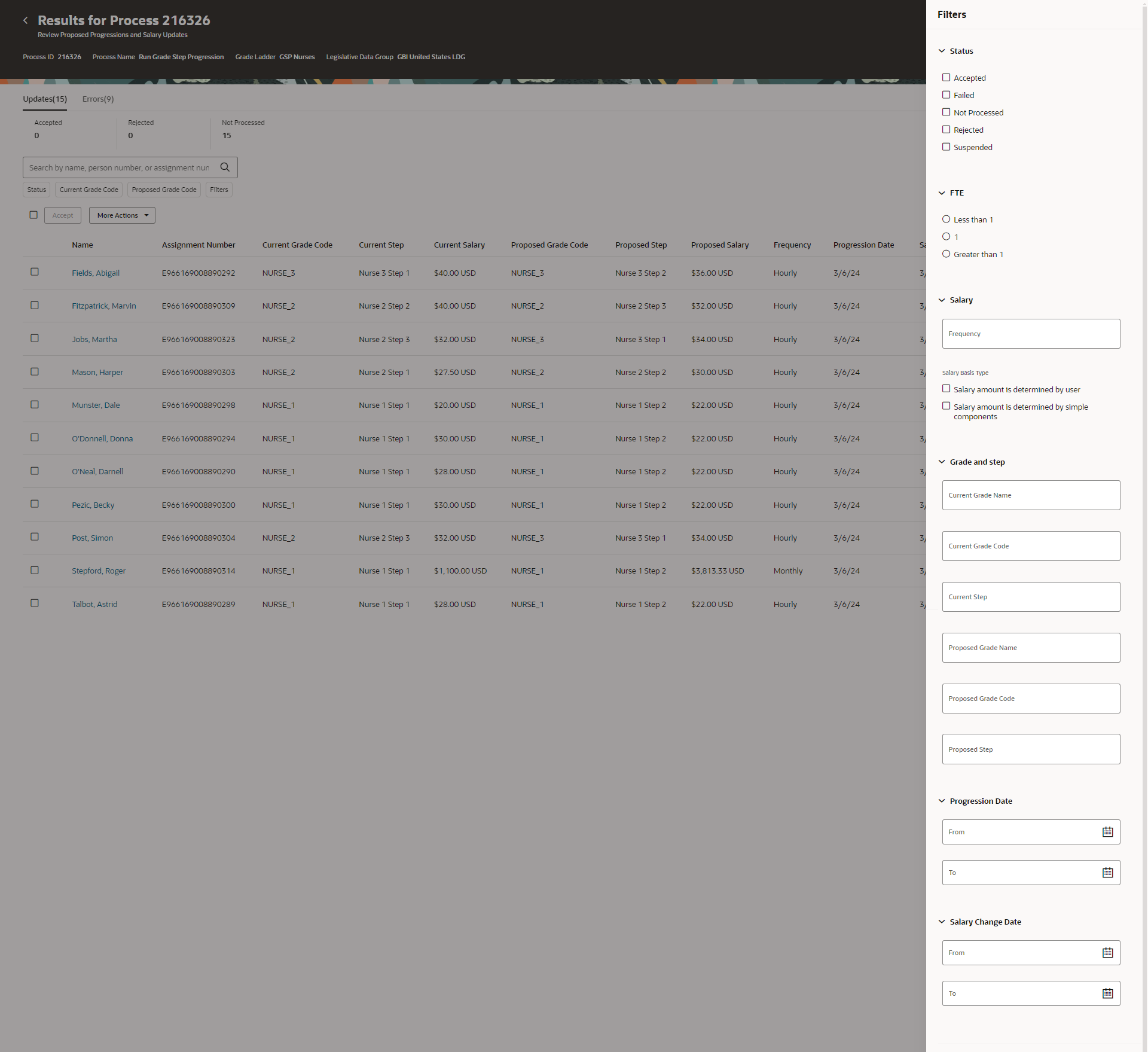 Full list of filters available for Review Proposed Progressions and Salary Updates page