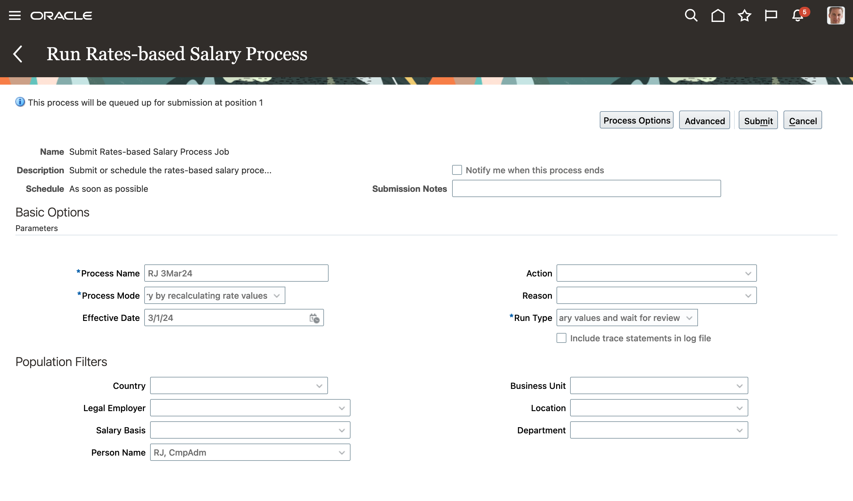 Parameters Page for Run Rates-based Salary Process