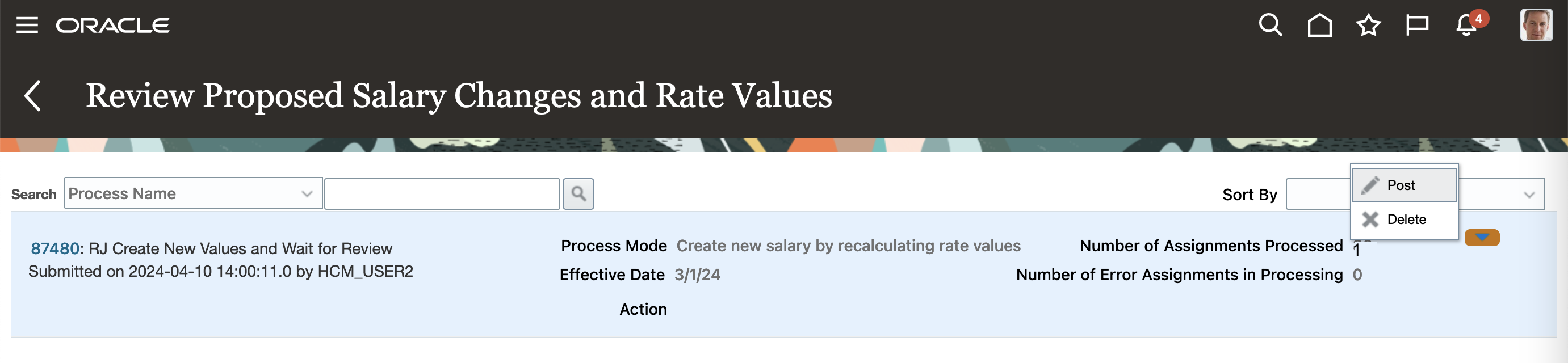 Review Proposed Salary Changes and Rate Values Page Showing the Processing Results