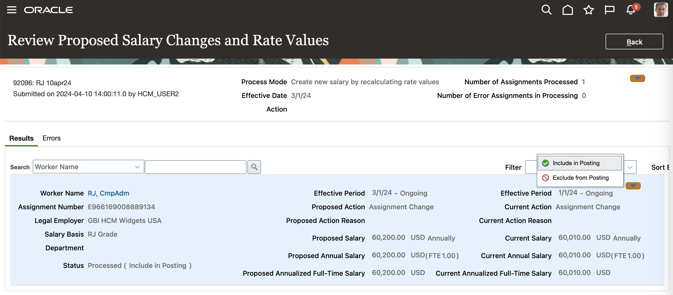 Review Proposed Salary Changes and Rate Values Details Showing Worker and Salary Details