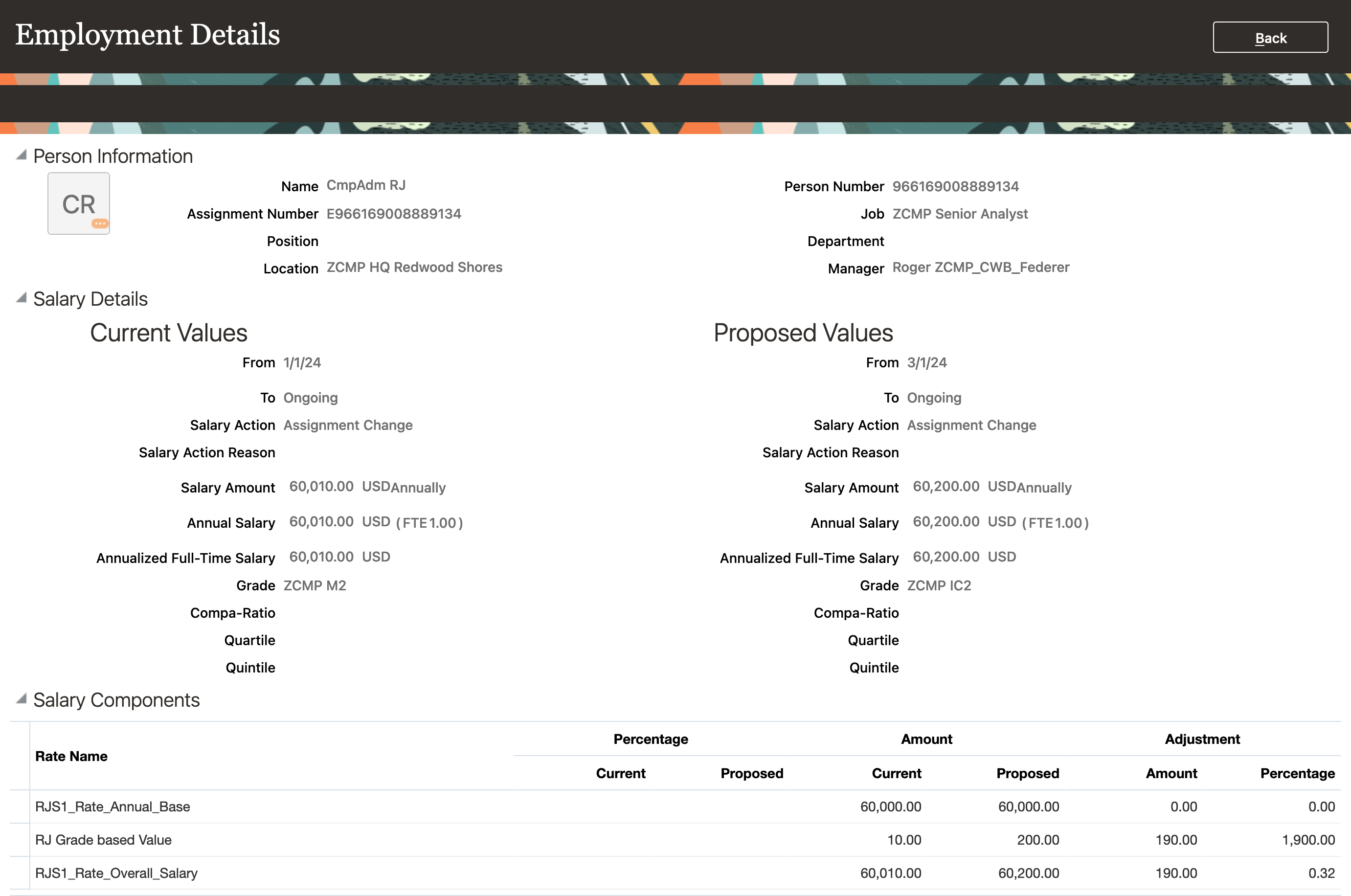 Salary Details Page Showing the Current and Proposed Values