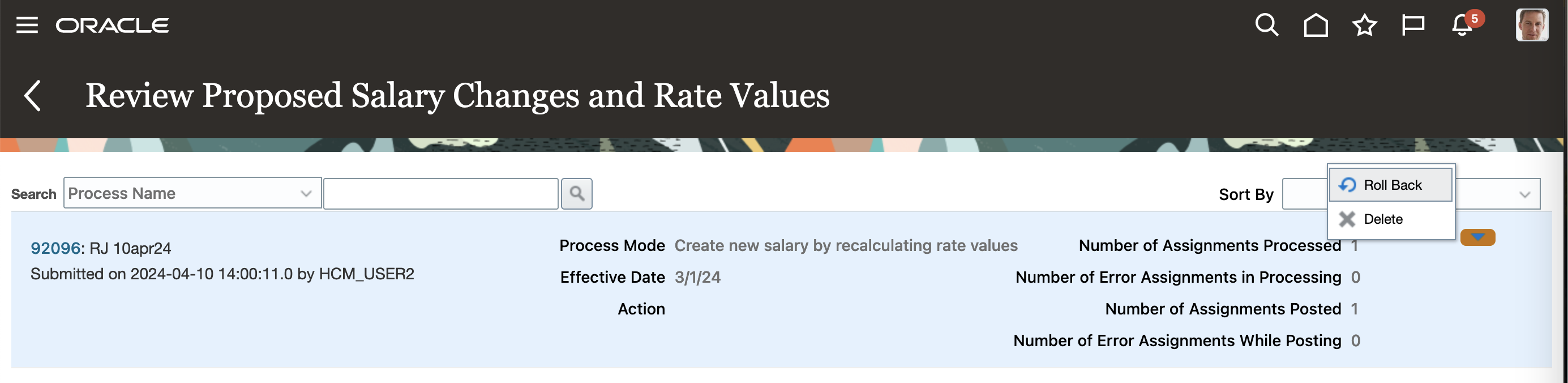 Review Proposed Salary Changes and Rate Values Page Roll Back Action for a Posted Batch