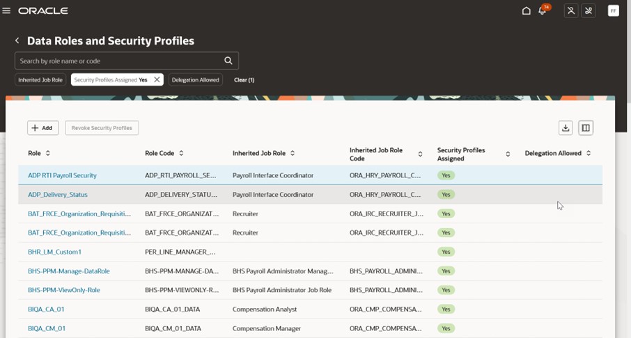 Data roles and security profiles search