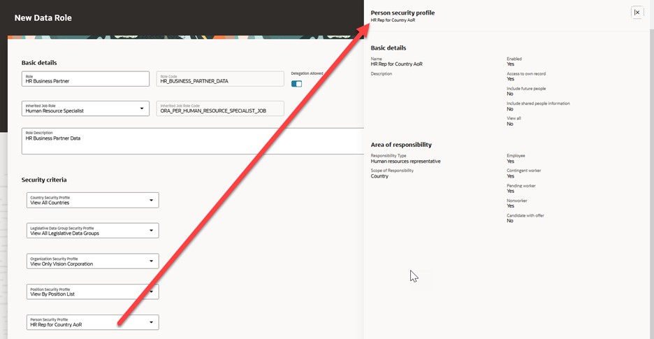 Detail button displays summary of security profile.