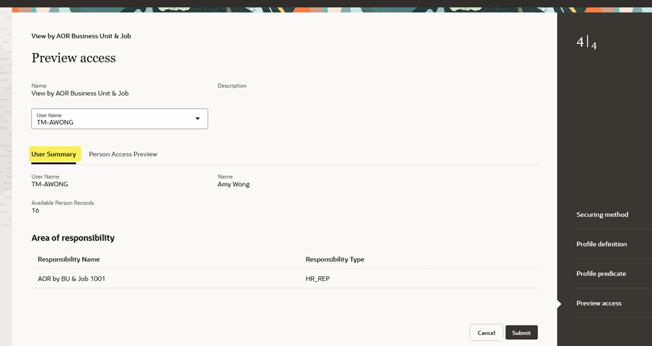 Preview Access for Person Security Profile – User Summary Section