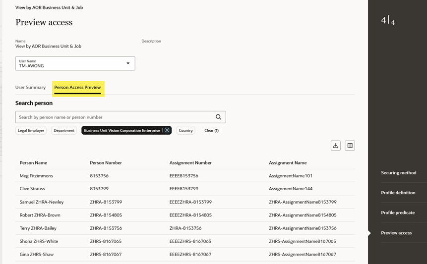 Preview Access for Person Security Profile – Person Access Preview Section