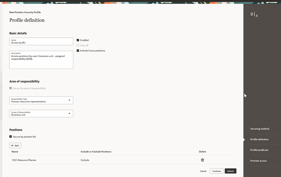 Profile Definition for Position Security Profile for Area of Responsibility Criterion