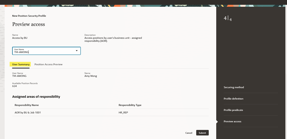 Preview Access for Position Security Profile – User Summary Section