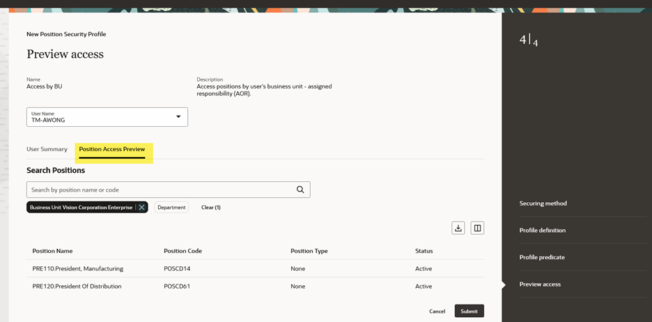 Preview Access for Position Security Profile – Position Access Preview Section