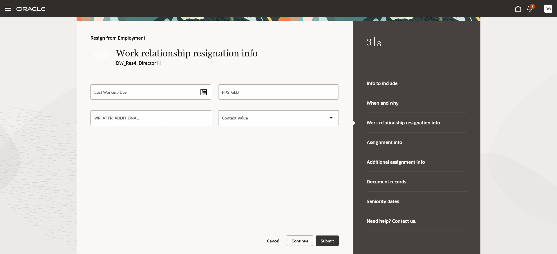 Work relationship resignation info step of the Redwood Resign from Employment journey
