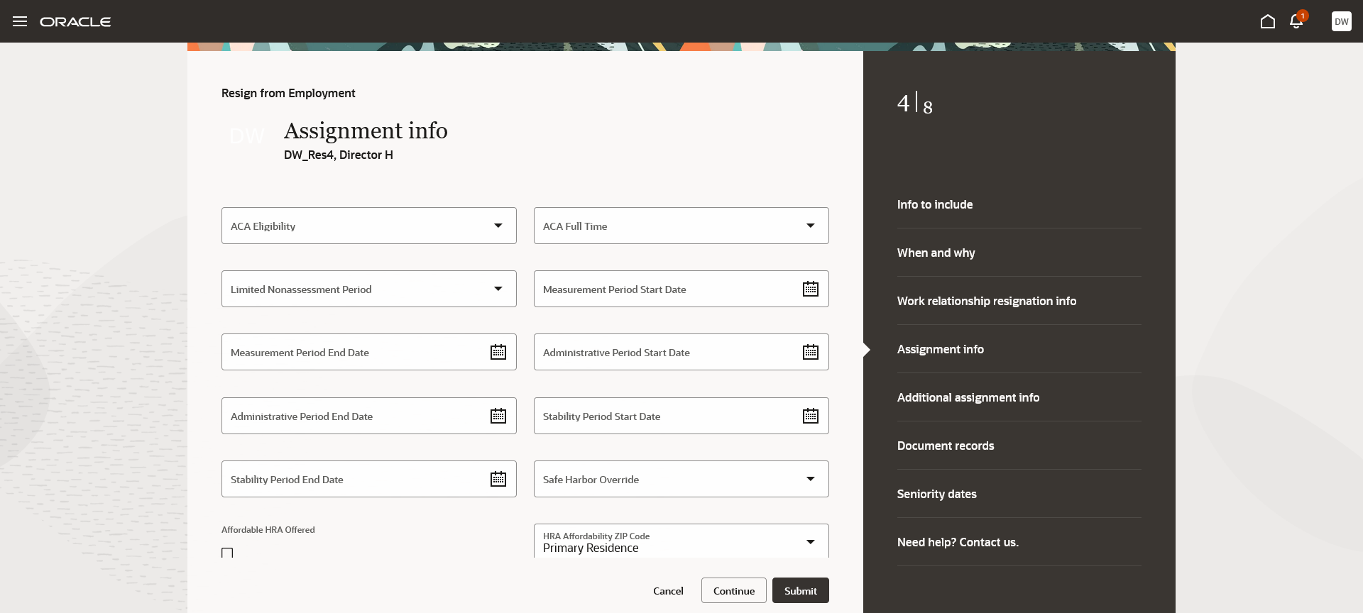 Assignment info step of the Redwood Resign from Employment journey
