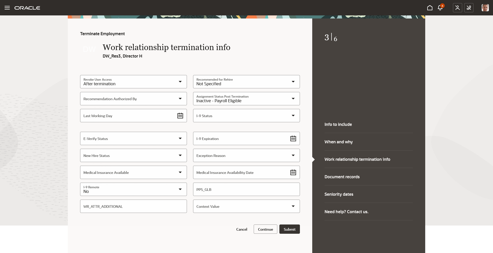 Work relationship termination info step of the Redwood Terminate Employment Journey