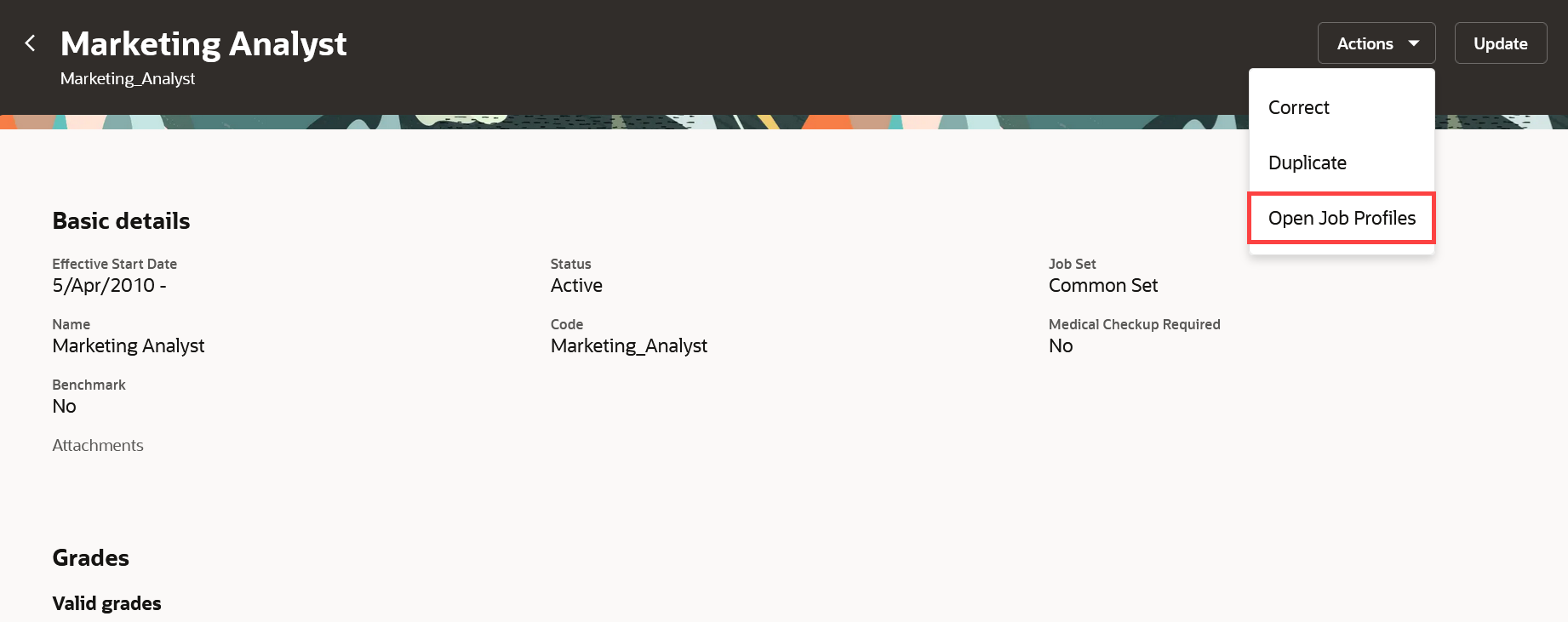 Open Job Profiles Option in the Actions Menu