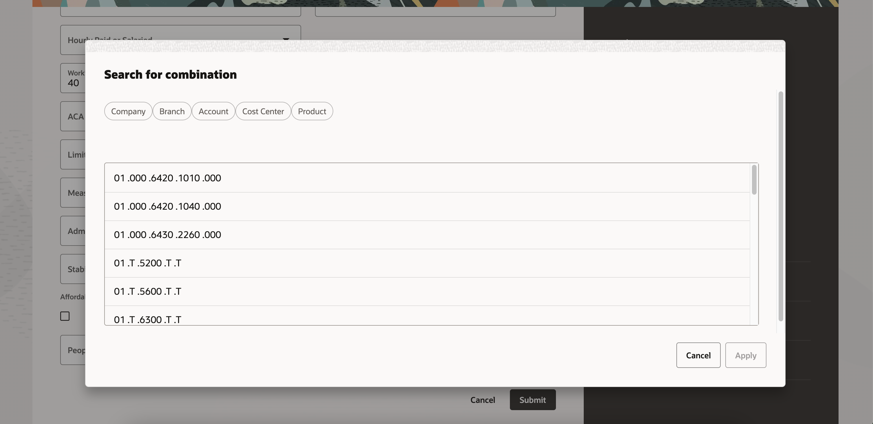 Search for combination popup