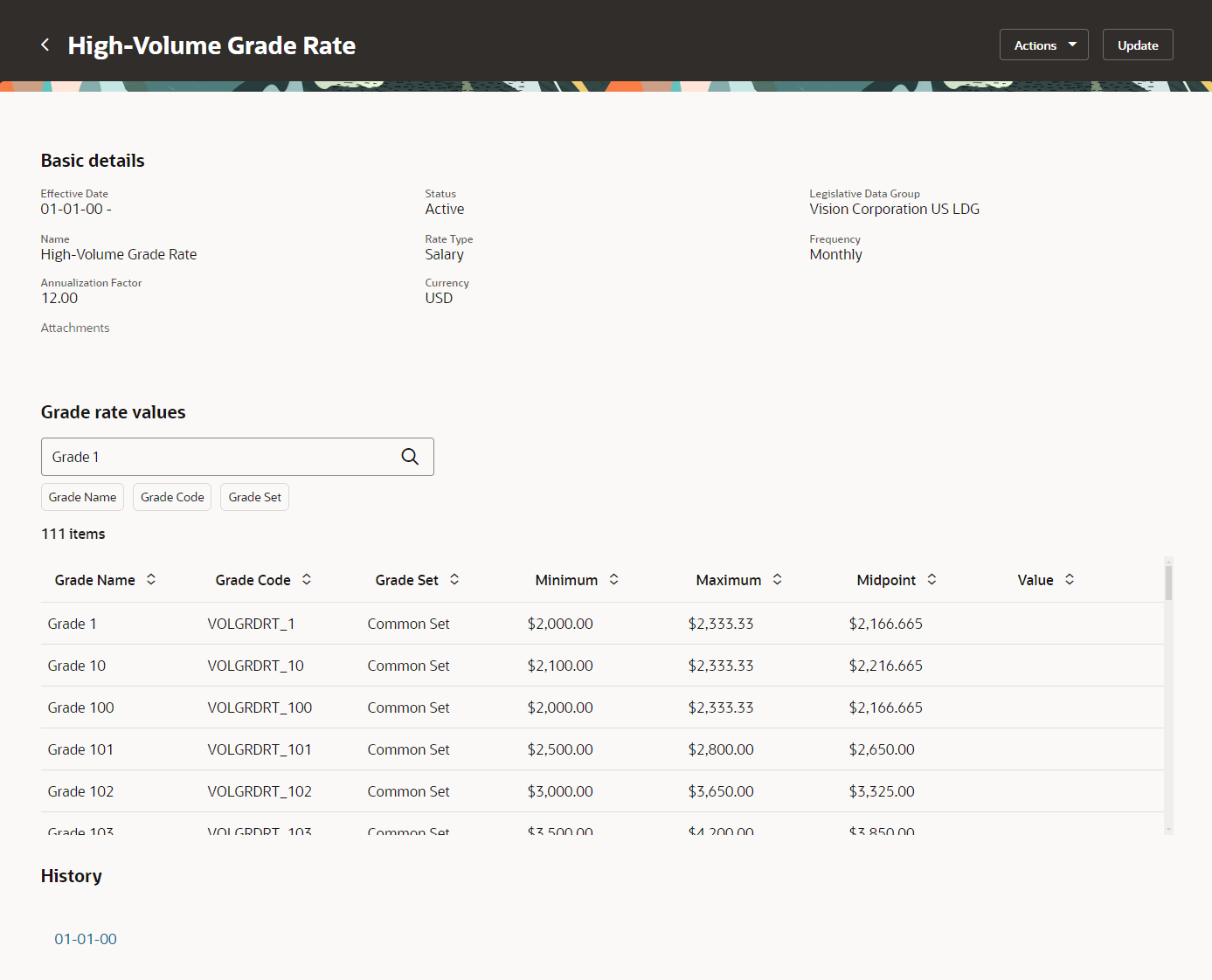 Grade Rate page with new search box and filter chips, and the Grade rate values table showing the rows that match the search on Grade 1