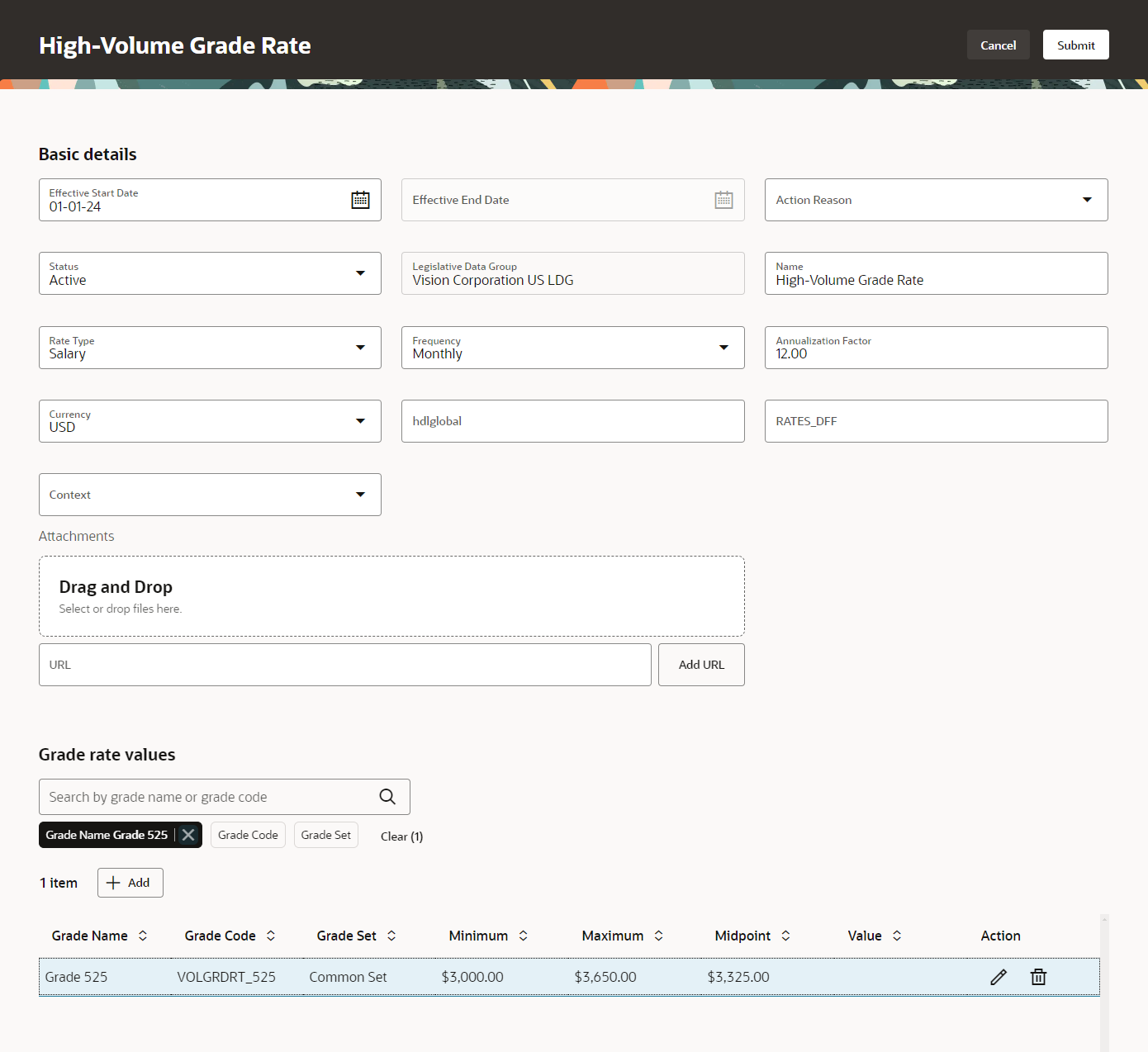 Grade Rate page with new search box and filter chips, and the Grade rate values table showing results of filtering on grade name Grade 525