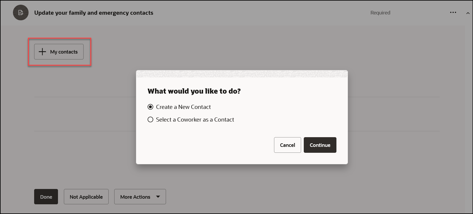 Family and Emergency Contacts Region Within a Journey Task