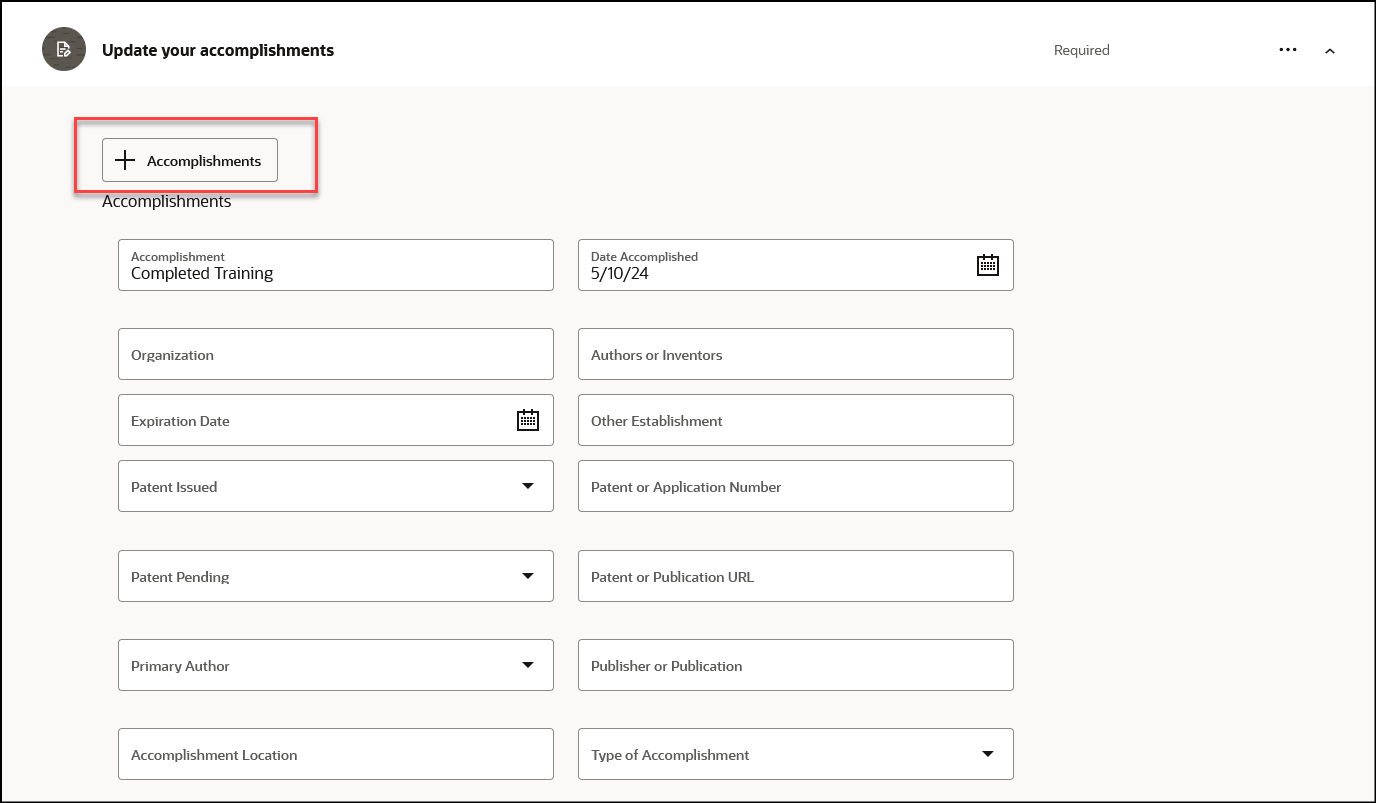Section in Journey Task Where You Enter Details for Accomplishments
