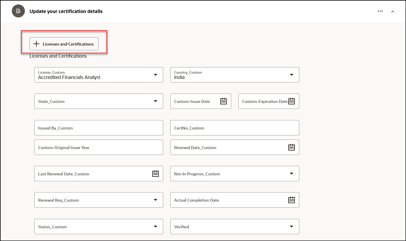 Section in Journey Task Where You Enter Details for Licenses and Certifications