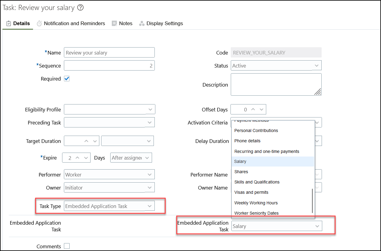 Configure the Salary Region in the Embedded Application Task