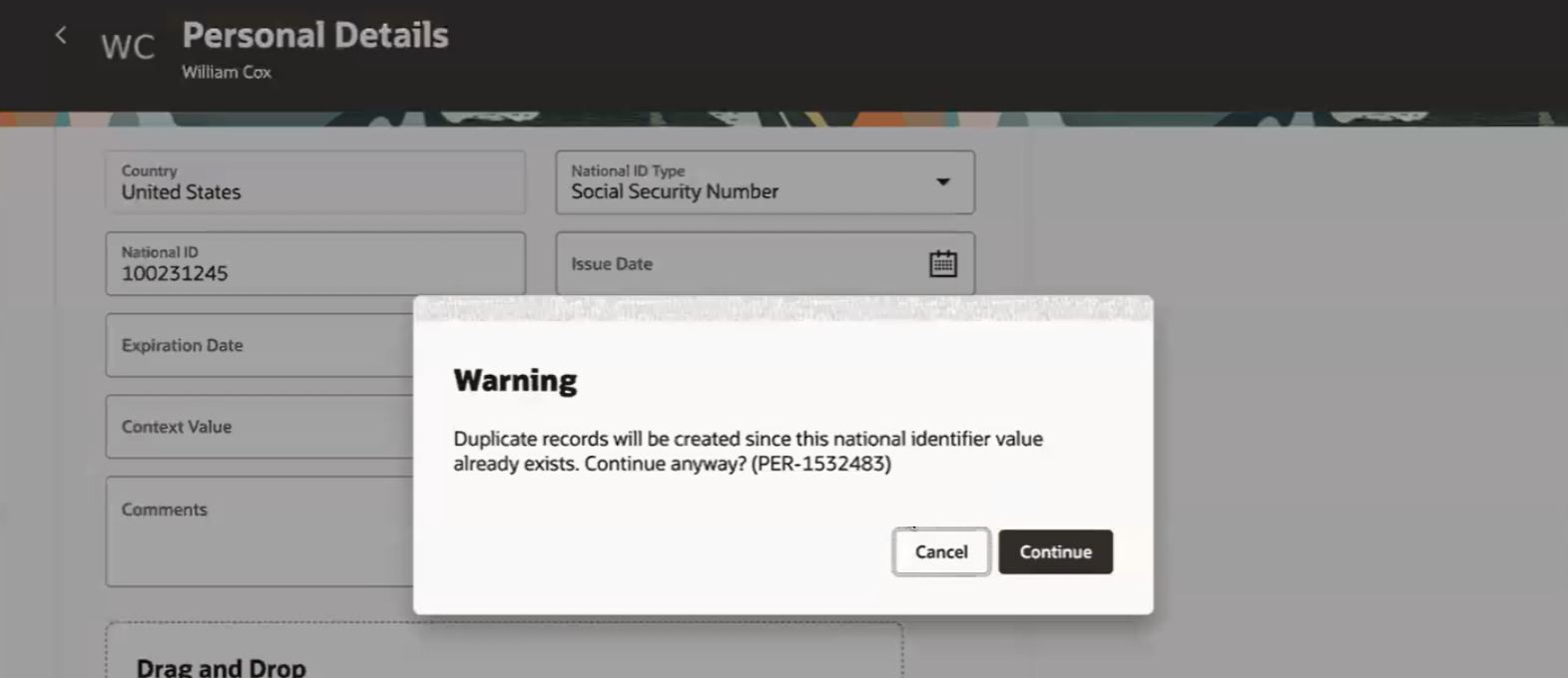 Warning Message for Duplicate National Identifier