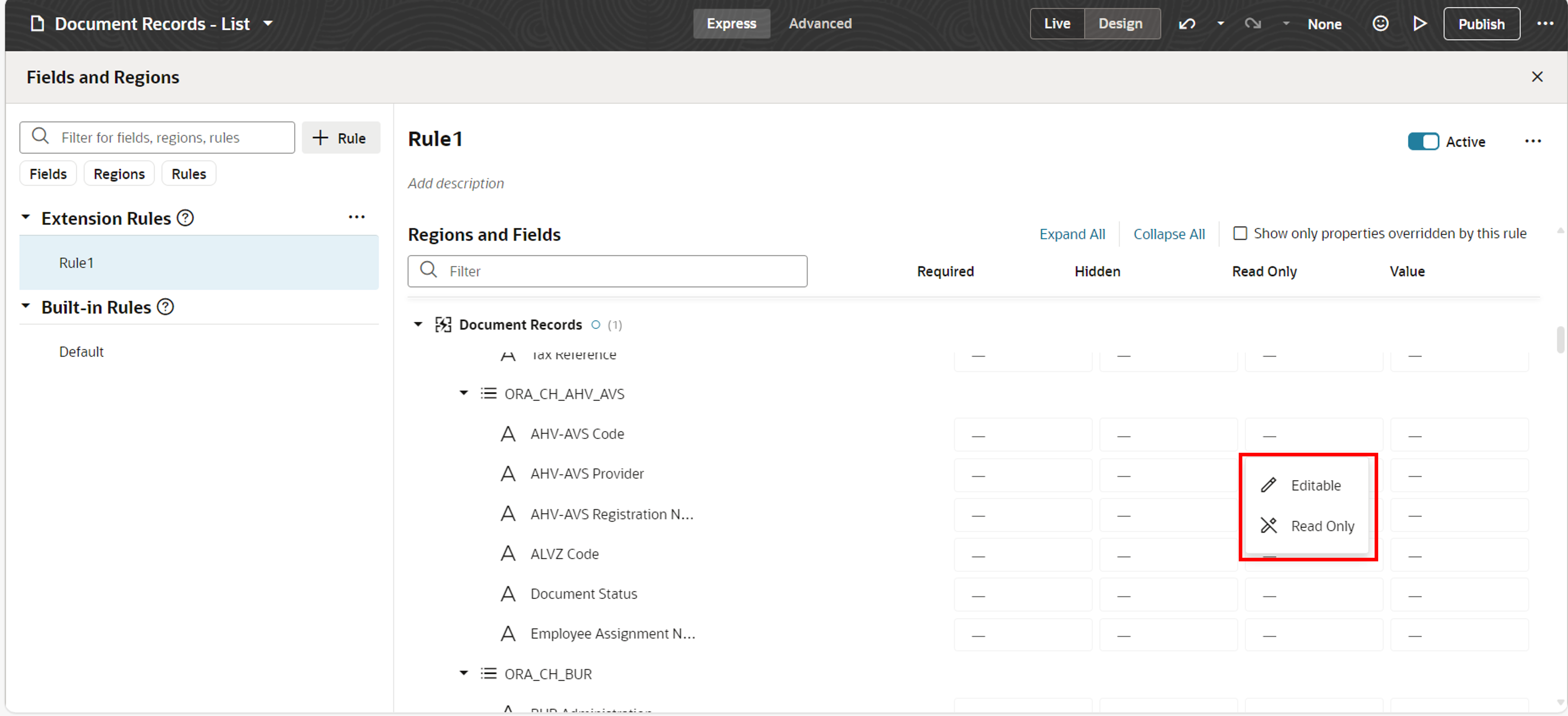 Read Only or Editable actions in the Document Records page