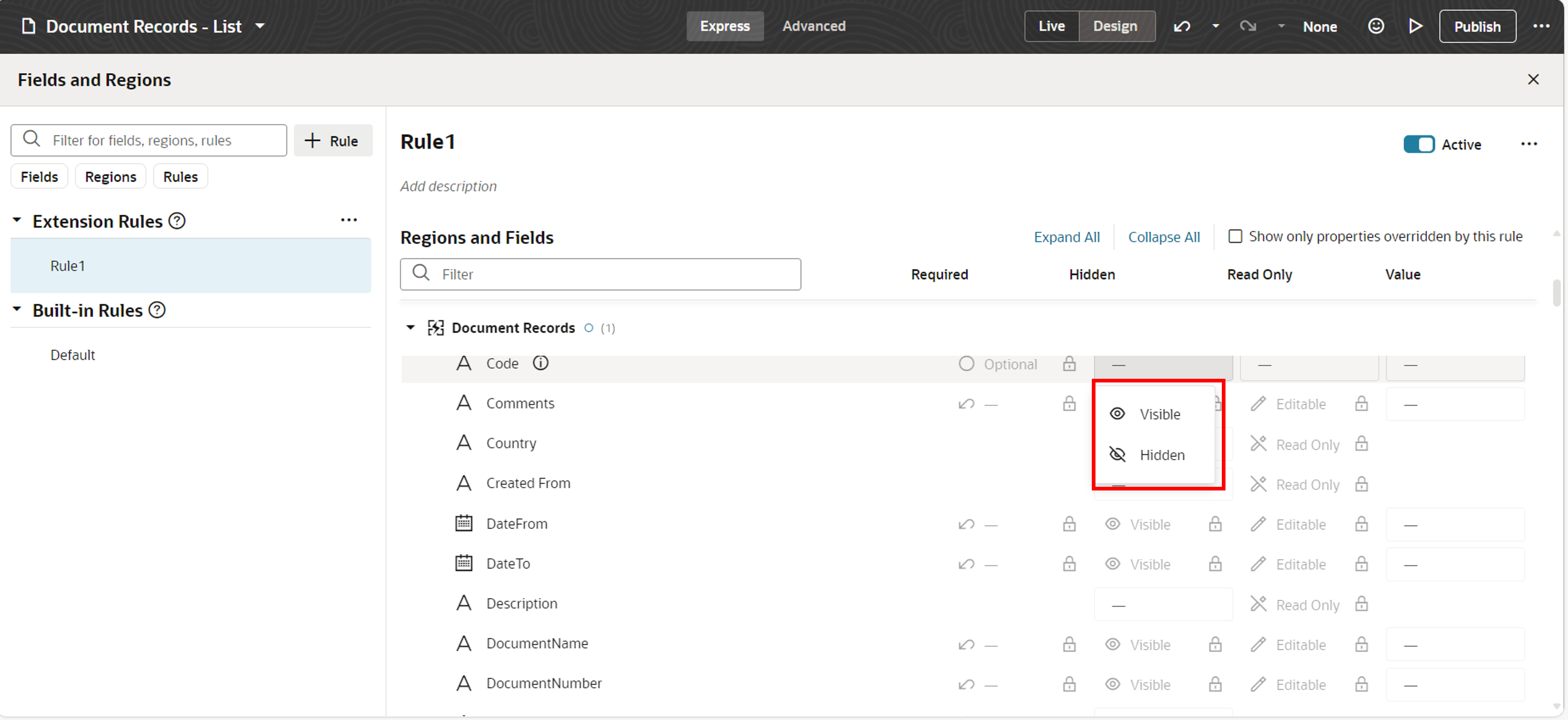 Hidden or Visible actions in the Document Records page