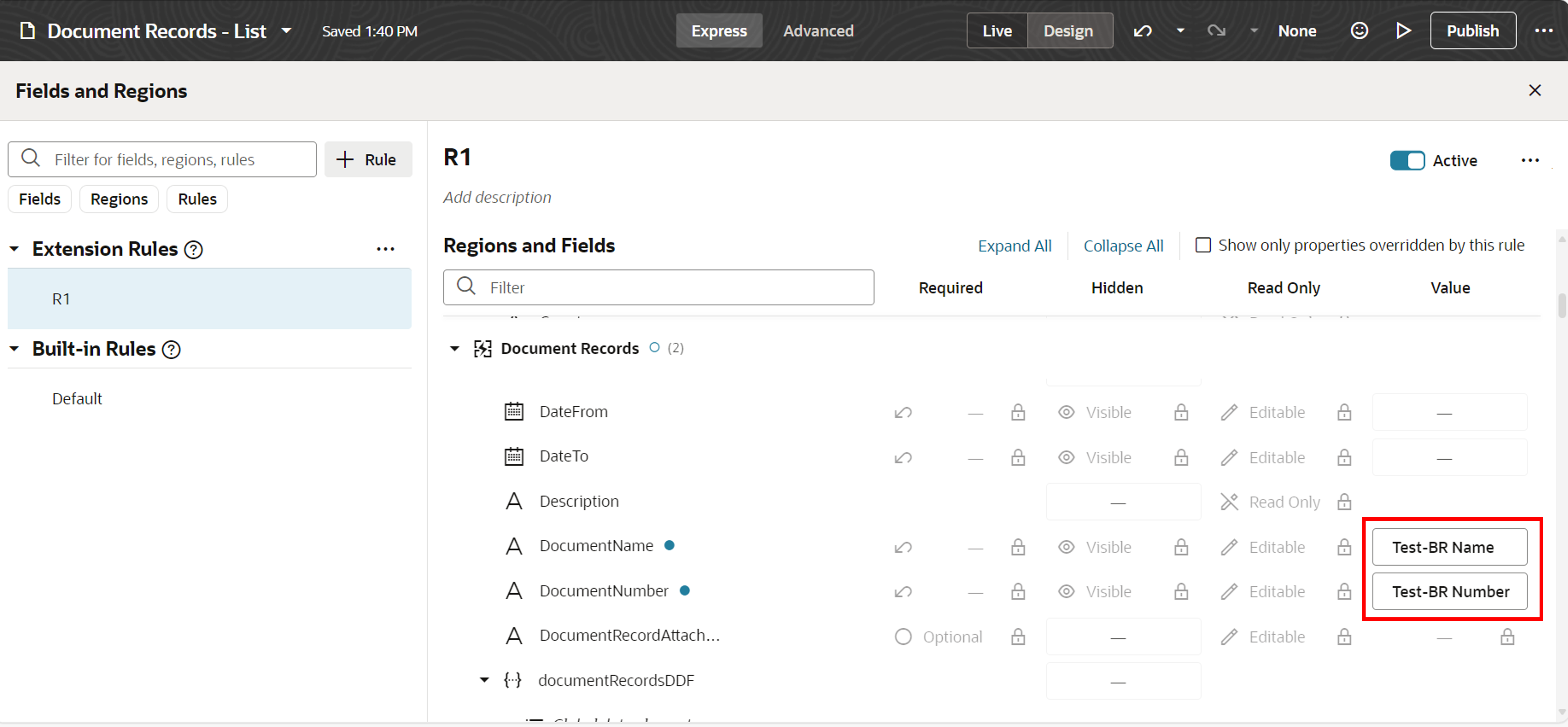 Default and Validate actions in the Document Records page