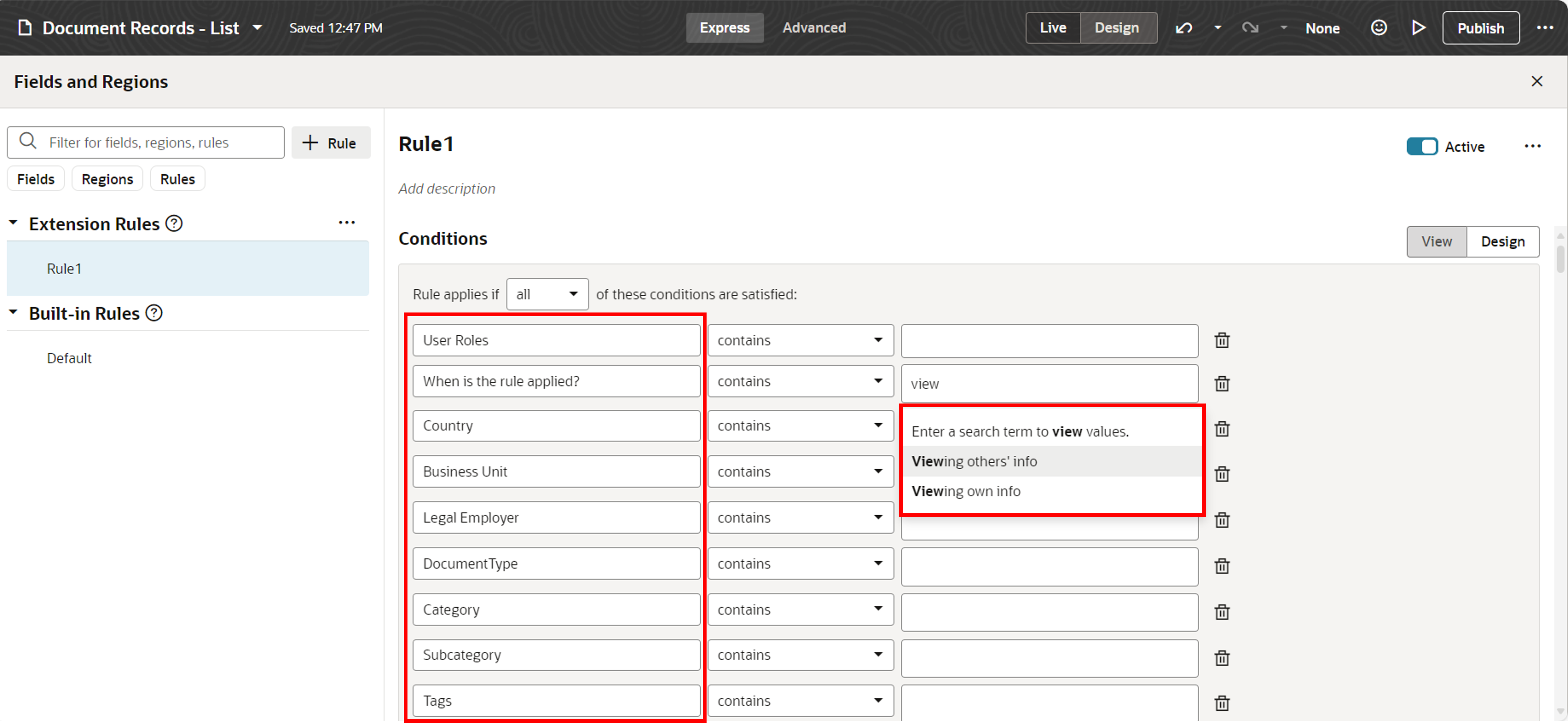 Attributes supported as parameters in the Document Records page