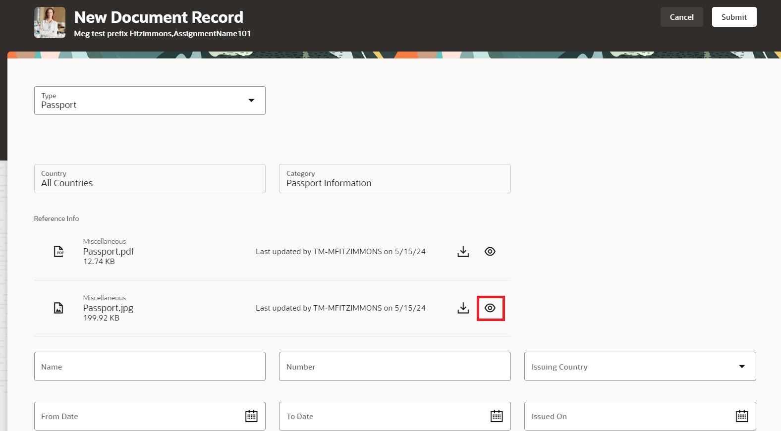 Preview icon for Reference Info attachments on the Document Records page
