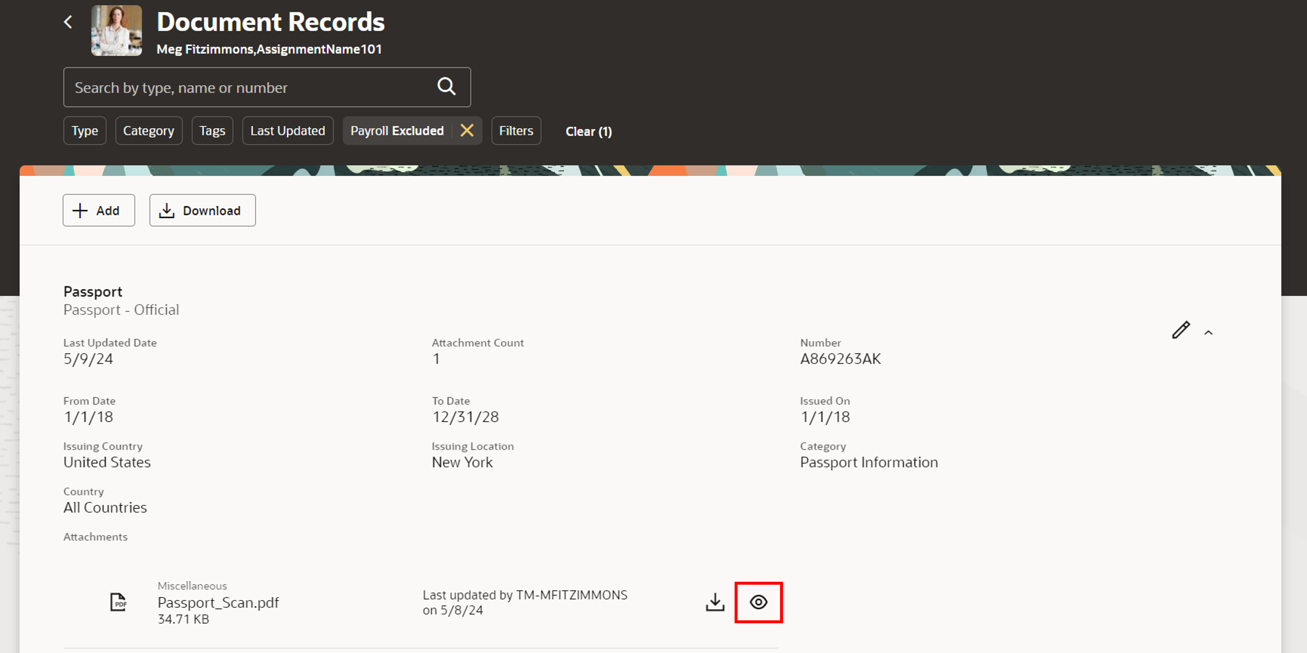 Preview icon on the Document Records page