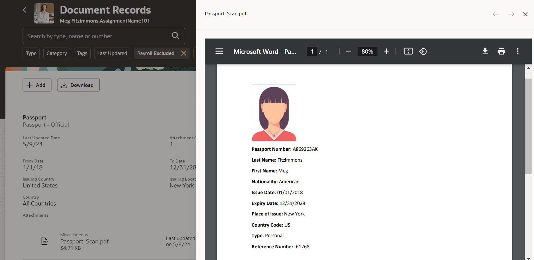 Preview window for attachments on the Document Records page