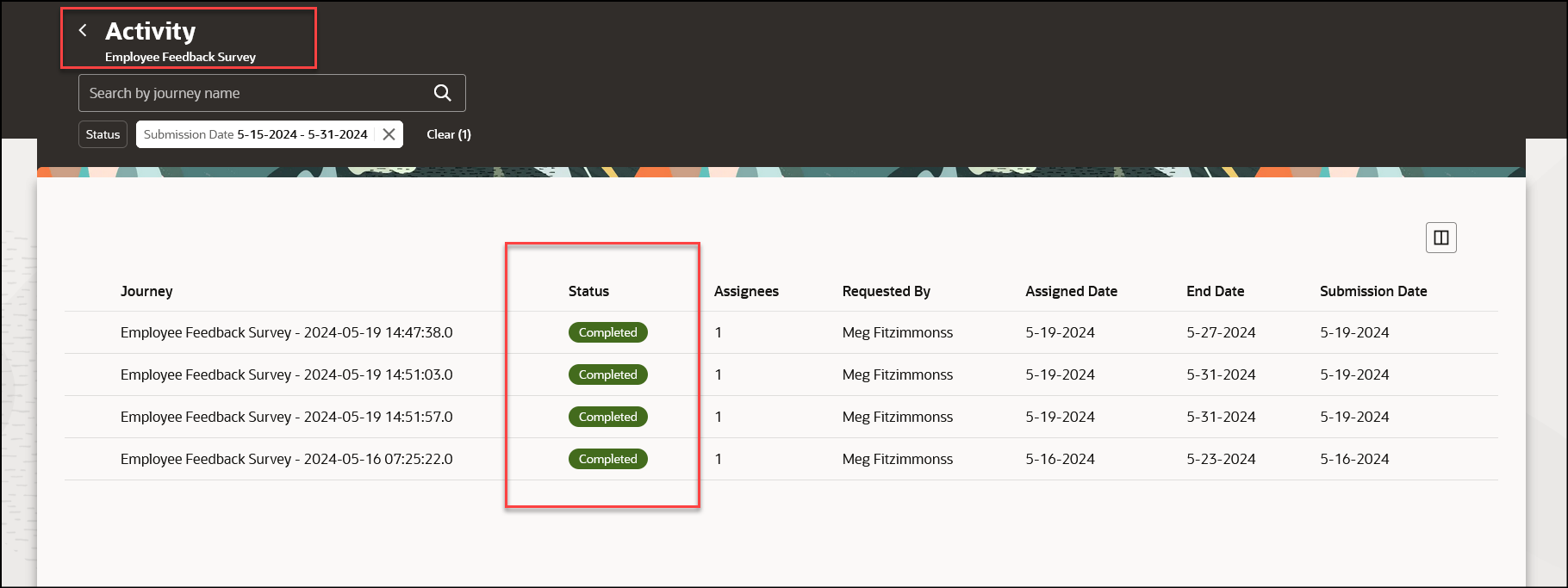 Activity Tab Displaying Status of Assigned Journey
