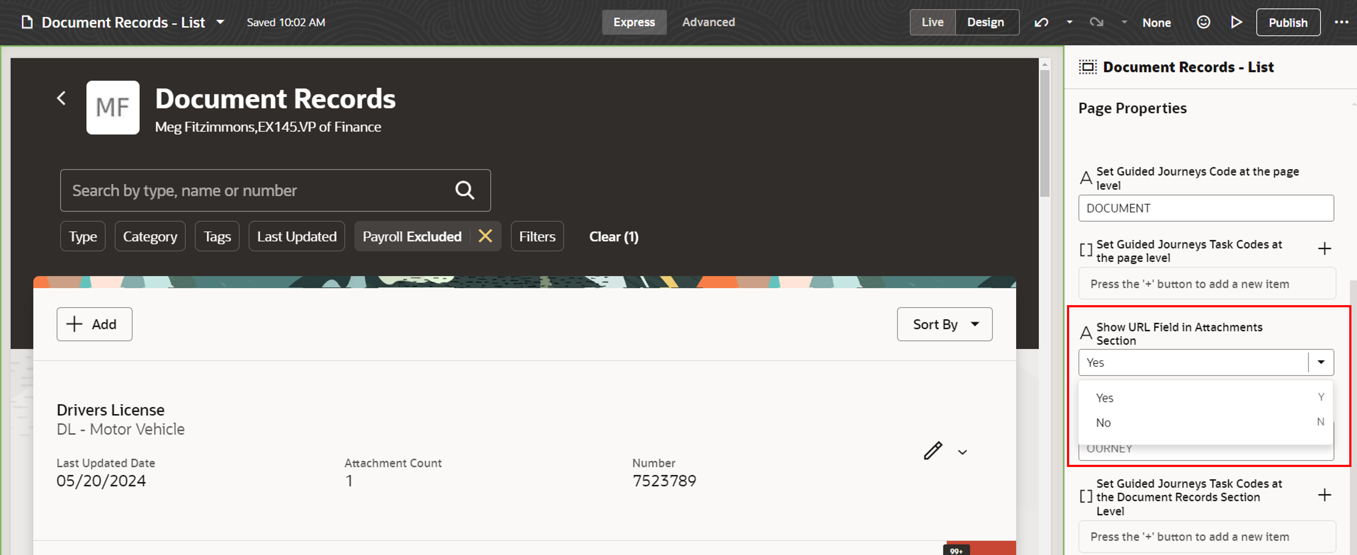 Values for the Show URL field in Attachments Section property