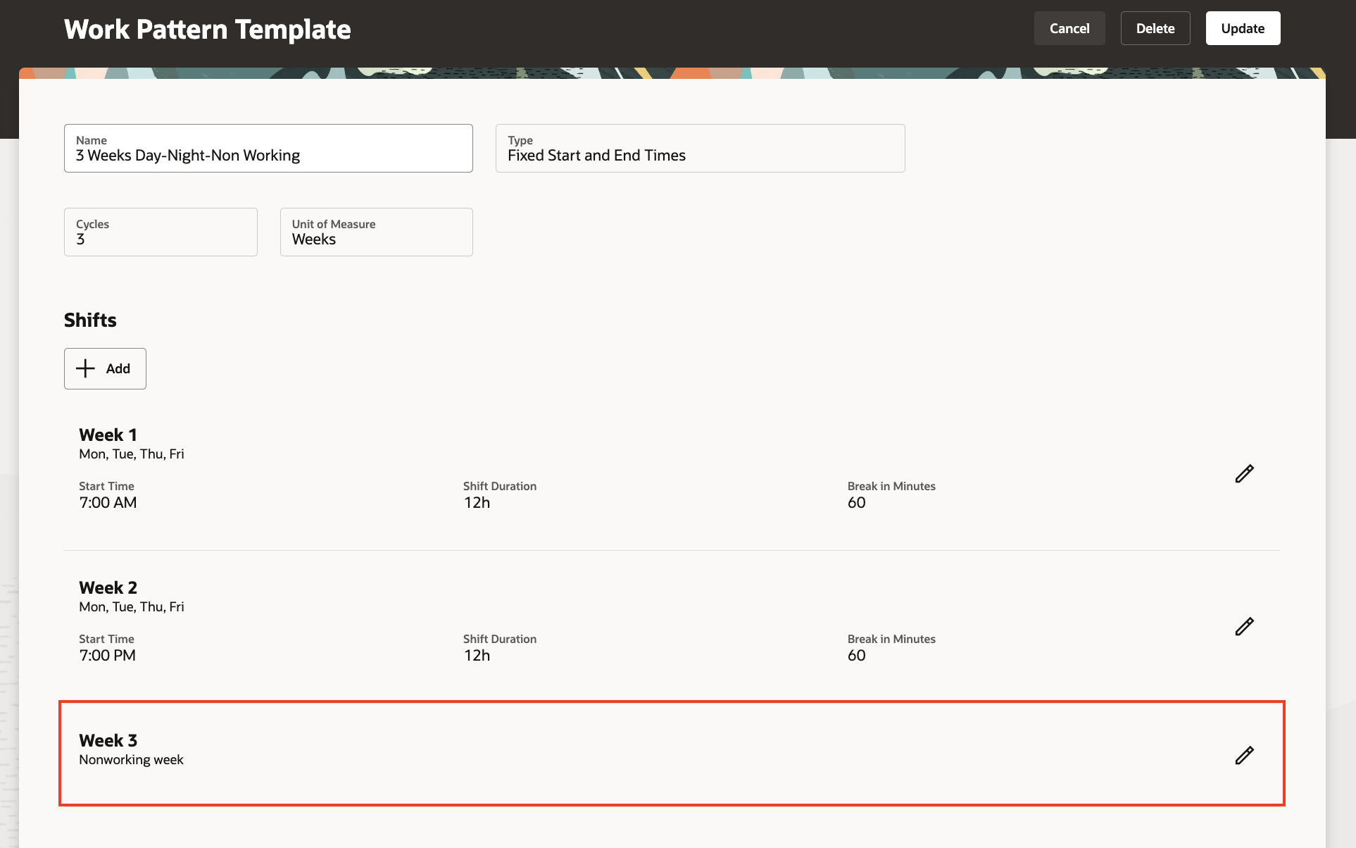 Work Pattern Template Page with a Nonworking Week Shift