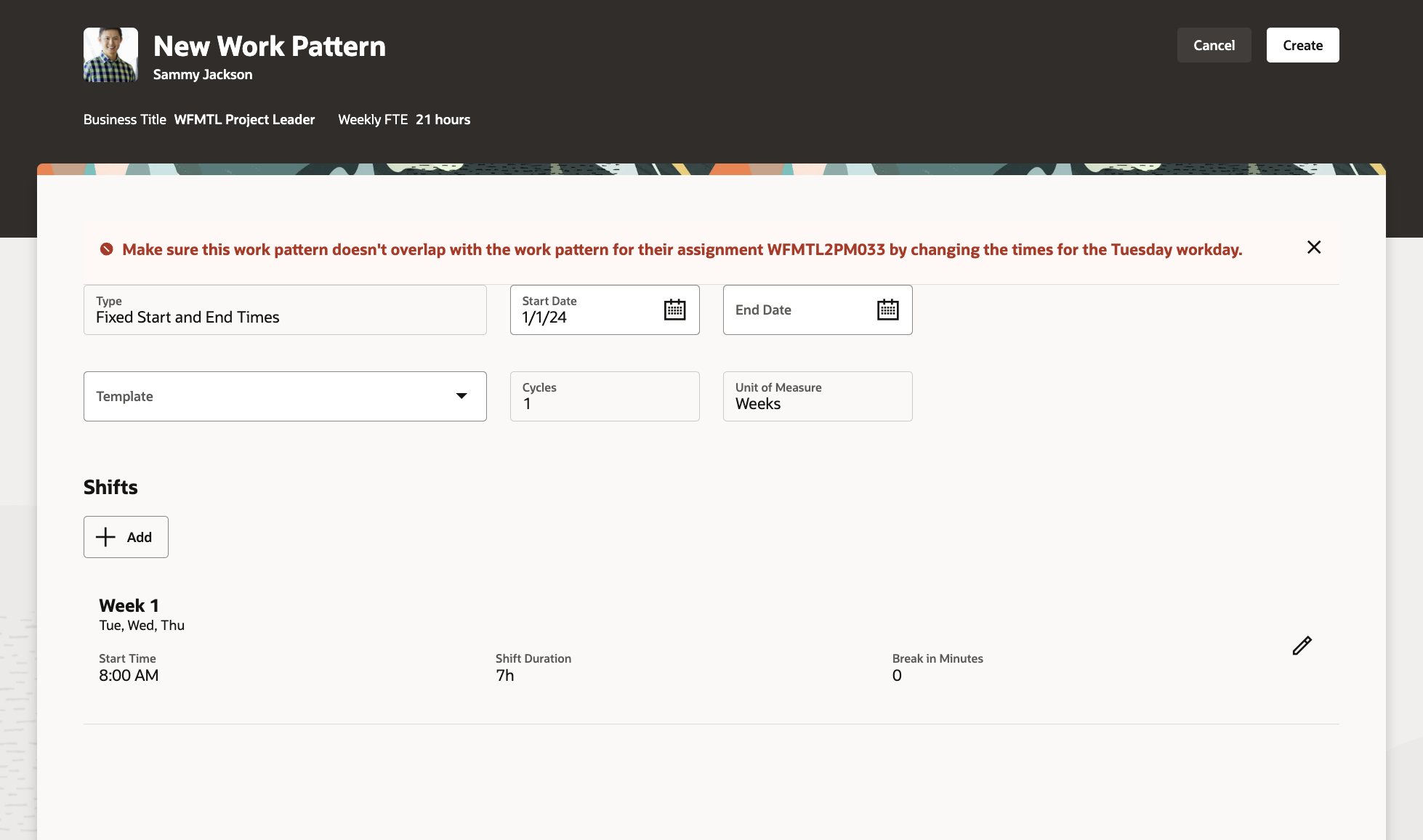 New Work Pattern Page Showing a Validation Message about Overlapping Work Patterns