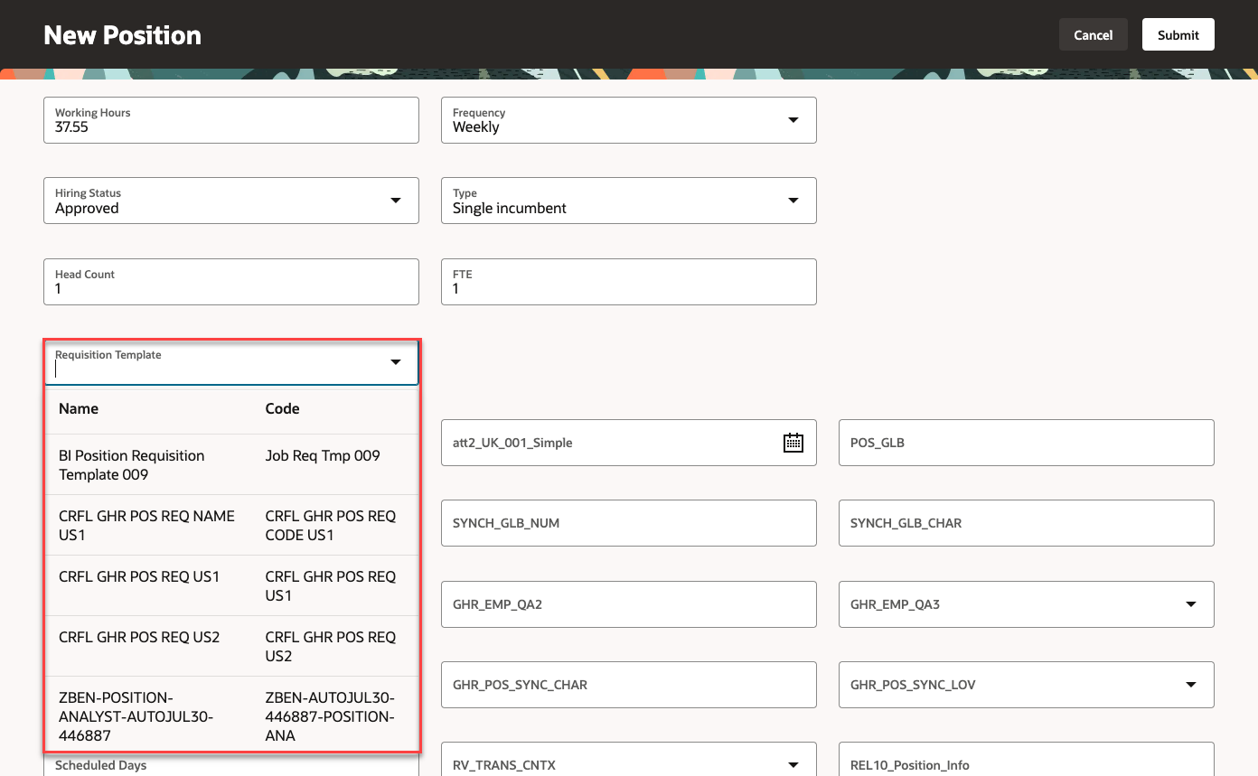 Requisition Template attribute on a Redwood position page