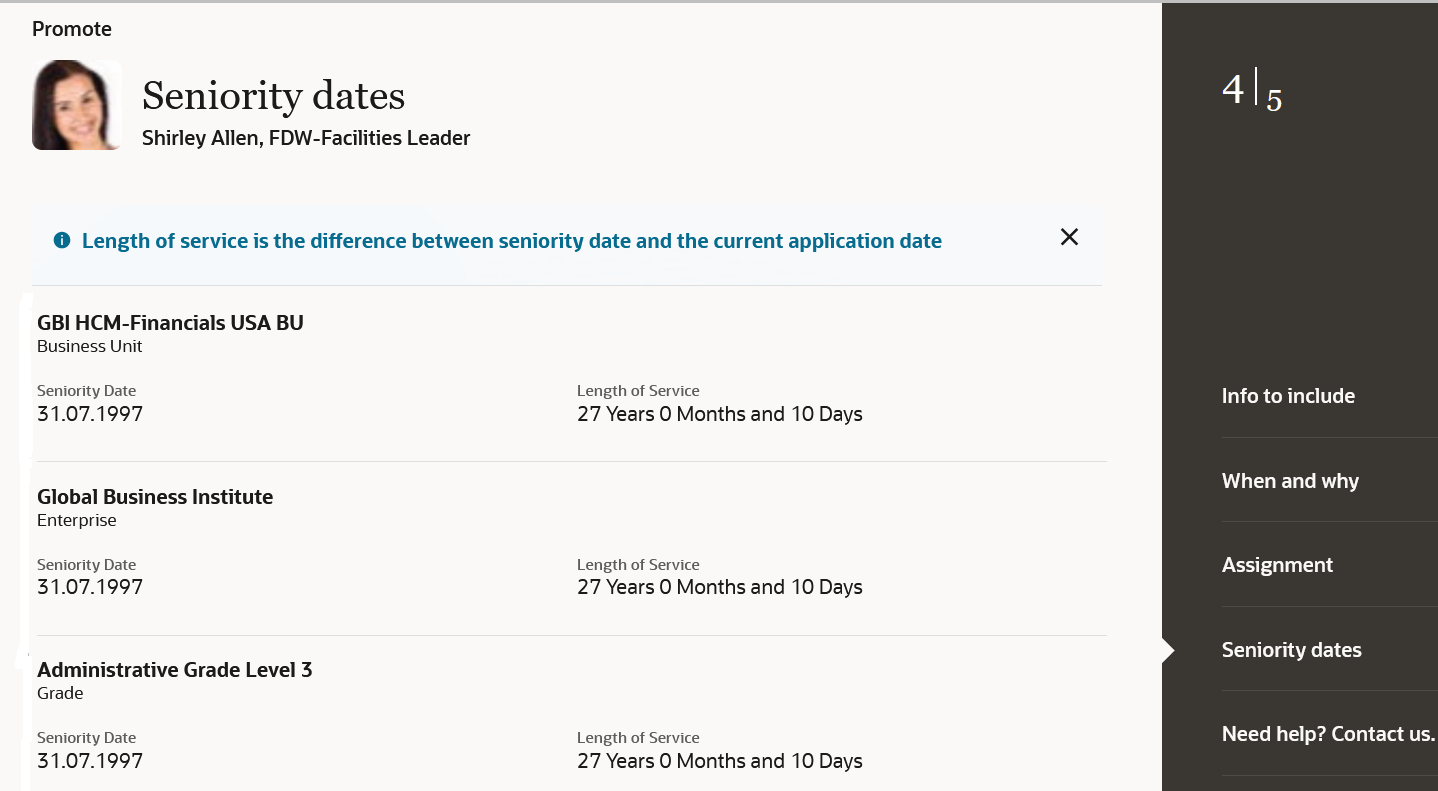 Seniority Dates step in Promote process