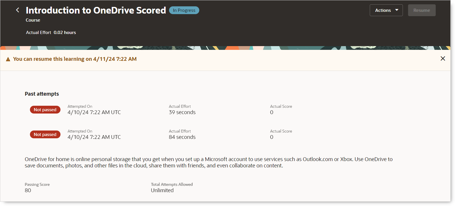 Enrollment Details Page with Banner Message and Resume Button Disabled