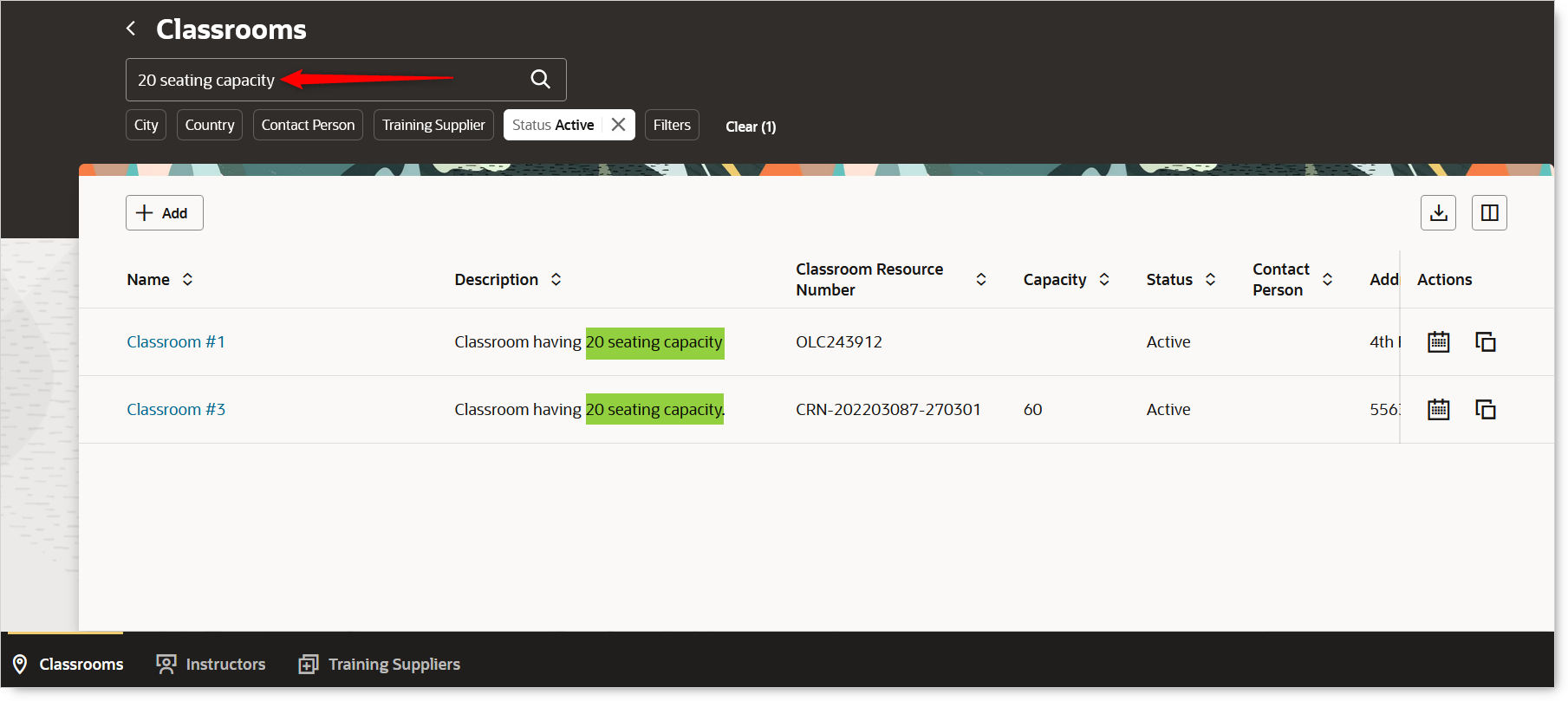 Classrooms Page Where Learning Administrators Can Search Using Descriptions