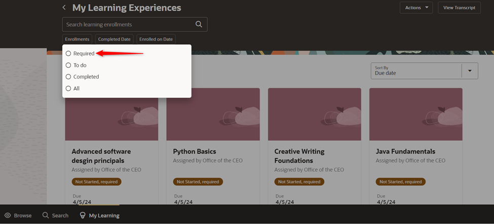 My Learning Page Showing the Required Filter Options