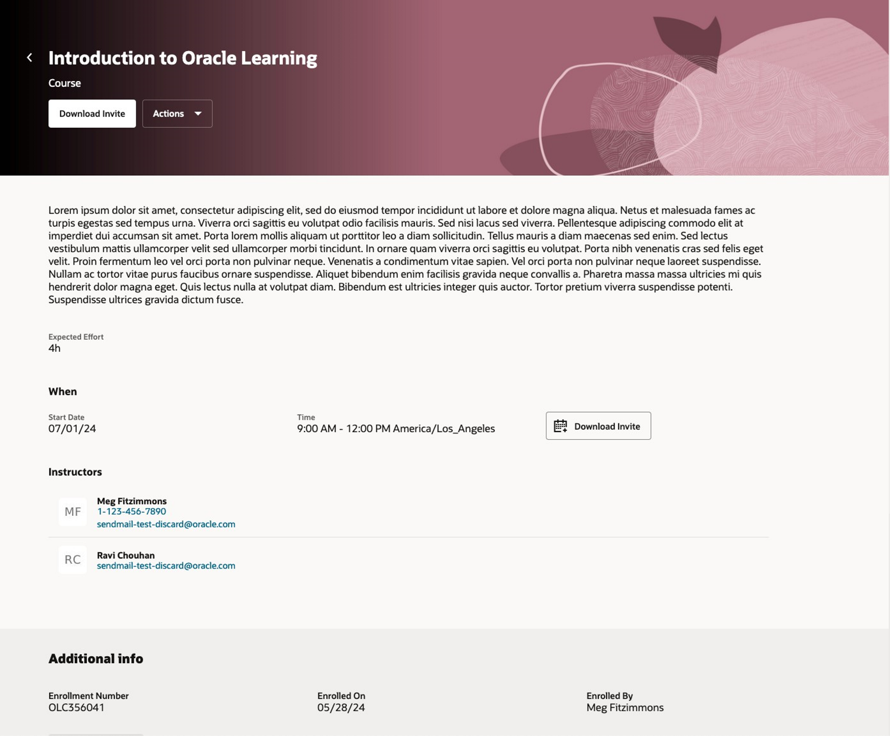 Redwood enrollment details page with Instructor contact information