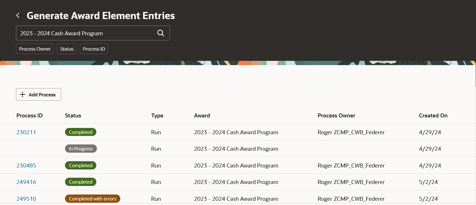 Generate Award Element Entries Page