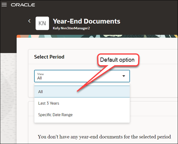 Screenshot of the Year-End Documents page that shows the "All" option in the "View" field.
